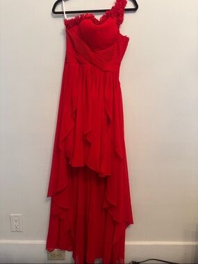 Red One-Shoulder Ruffled Evening Dress